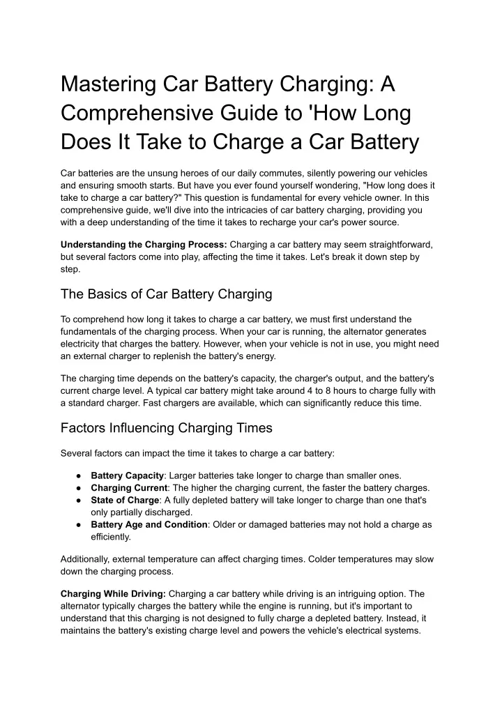 mastering car battery charging a comprehensive