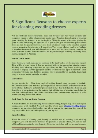 5 Significant Reasons to choose experts for cleaning wedding dresses