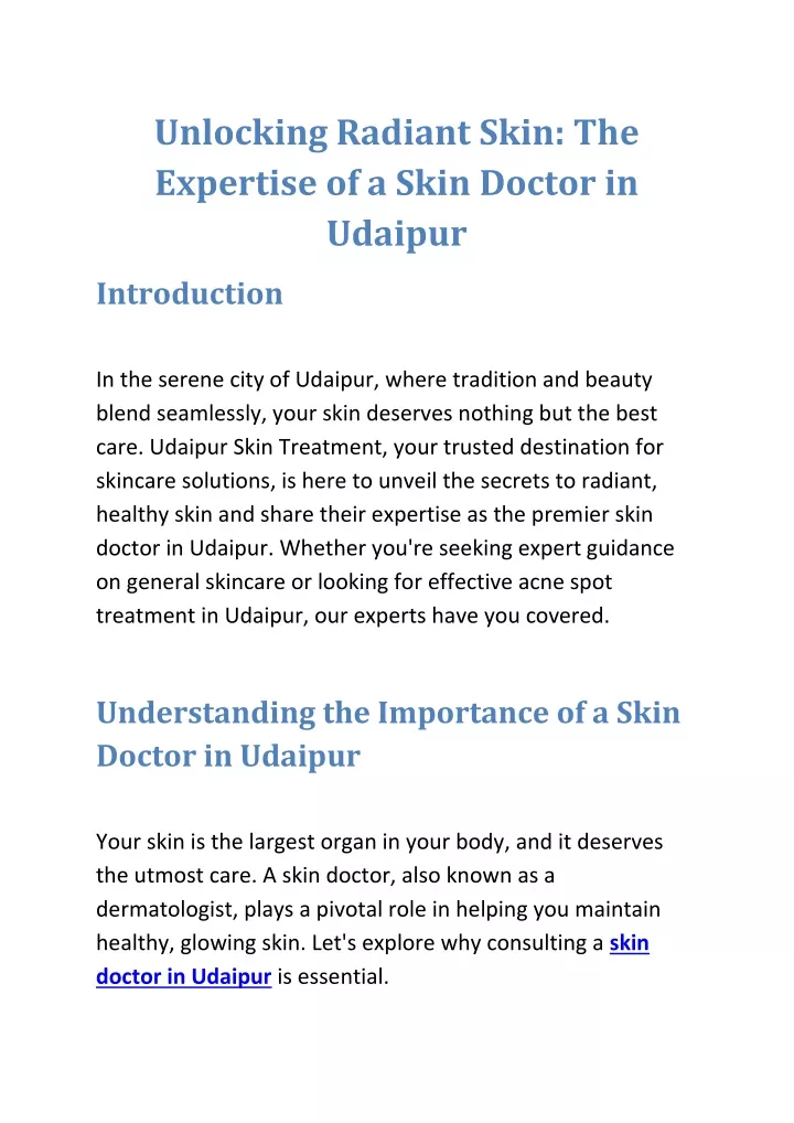 PPT - Unlocking Radiant Skin: The Expertise Of A Skin Doctor In Udaipur ...