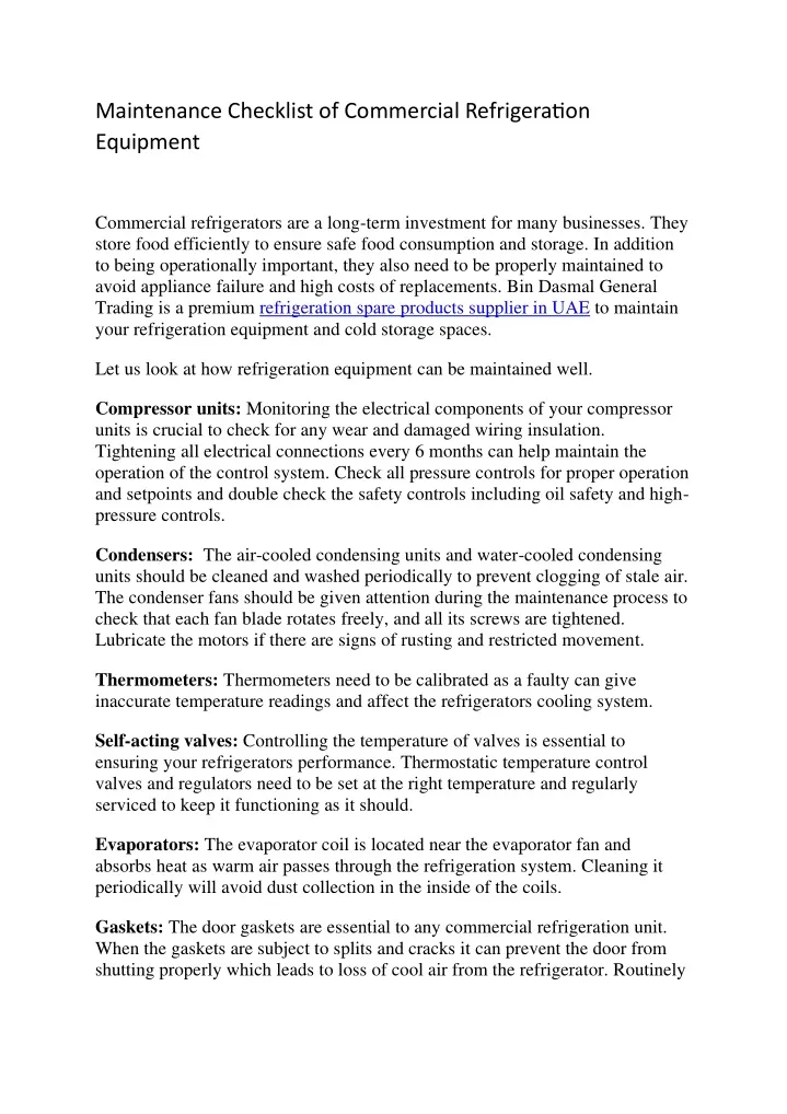 maintenance checklist of commercial refrigeration