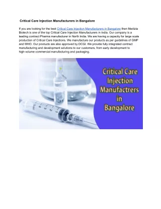 Critical Care Injection Manufacturers in Bangalore
