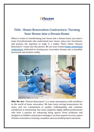 Home Renovation Contractors: Turning Your House into a Dream Home