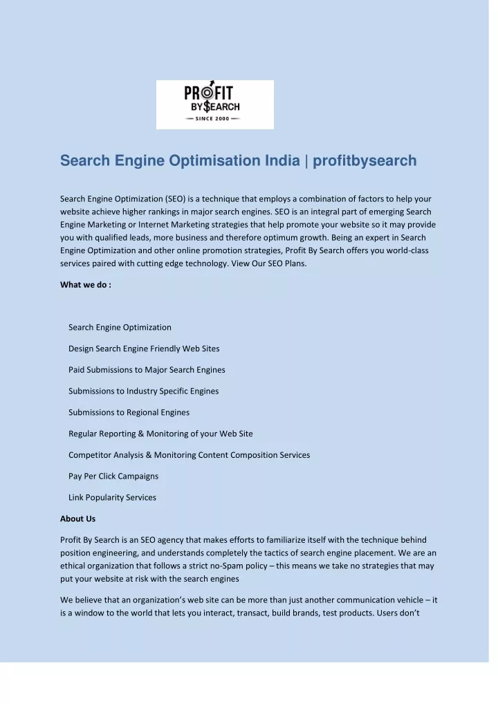search engine optimisation india profitbysearch