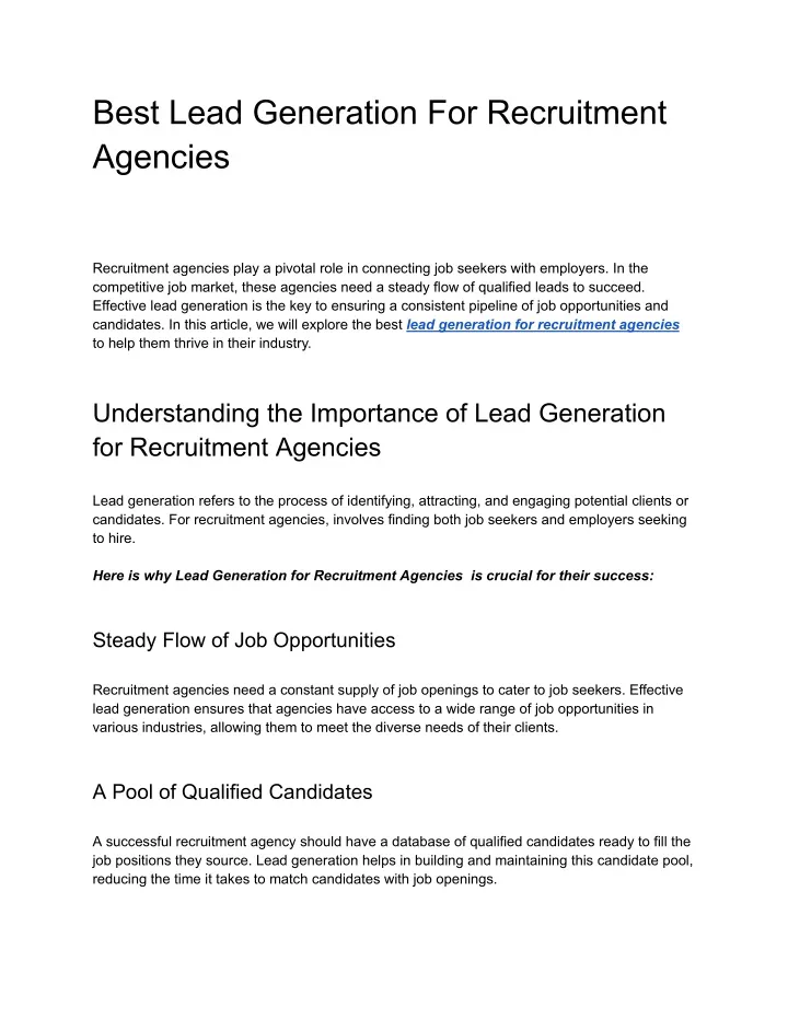 PPT Best Lead Generation For Recruitment Agencies PowerPoint