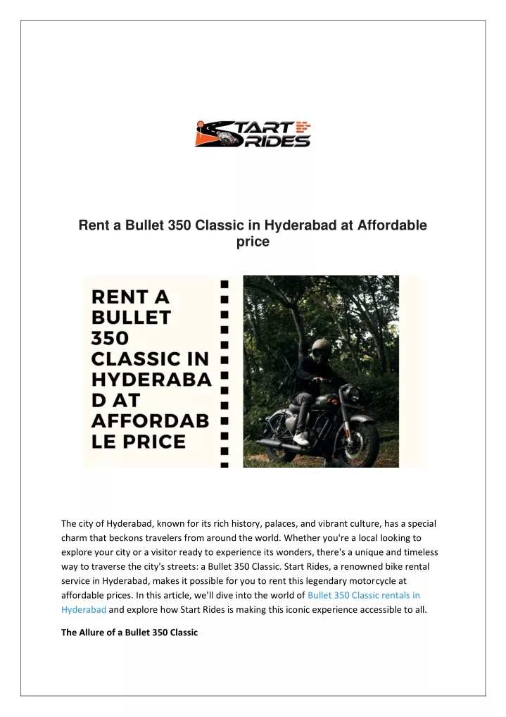 rent a bullet 350 classic in hyderabad