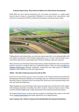 Yamuna Expressway- Most Desired Address For Real Estate Investments