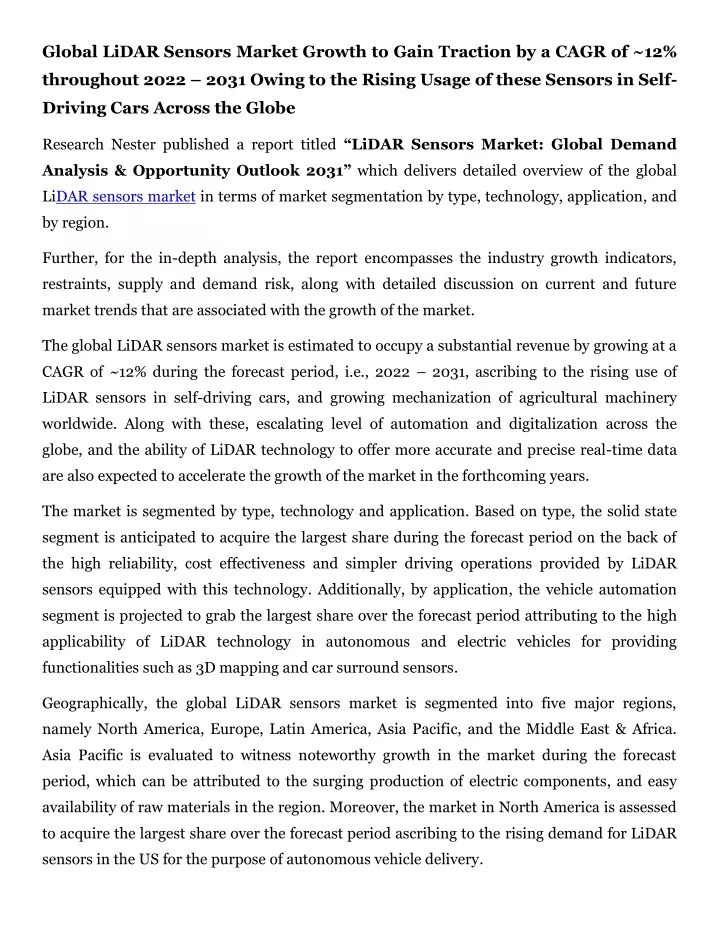 global lidar sensors market growth to gain