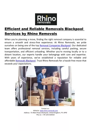 Efficient and Reliable Removals Blackpool Services by Rhino Removals