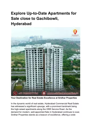 Discover Up-to-Date Apartments for Sale close to Gachibowli, Hyderabad