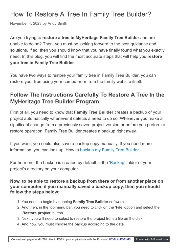 how to restore a tree in family tree builder