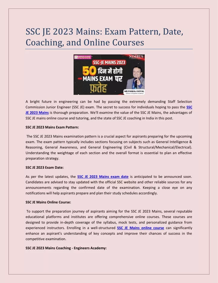 ssc je 2023 mains exam pattern date coaching