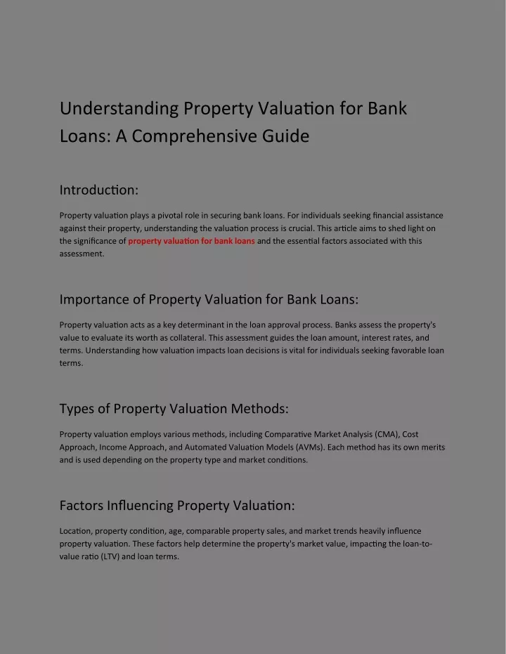 understanding property valuation for bank loans