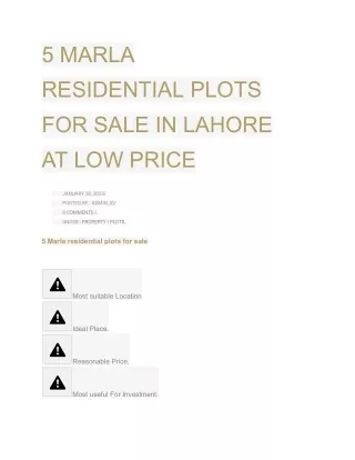 5 MARLA RESIDENTIAL PLOTS FOR SALE IN LAHORE AT LOW PRICE