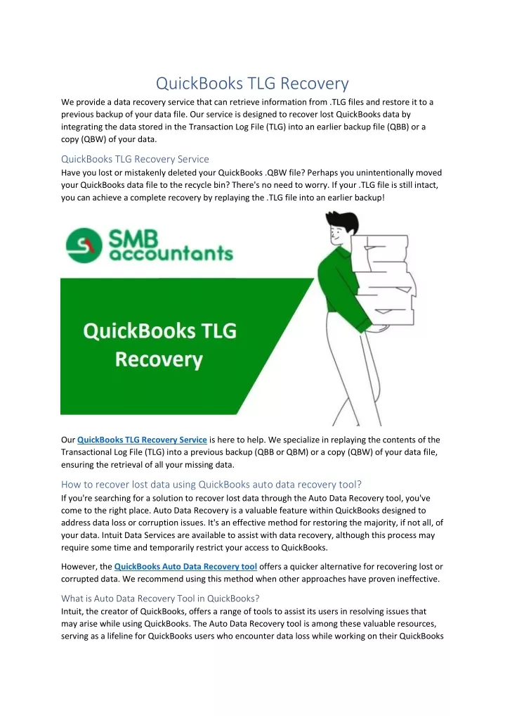 quickbooks tlg recovery we provide a data