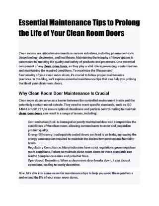 Essential Maintenance Tips to Prolong the Life of Your Clean Room Doors