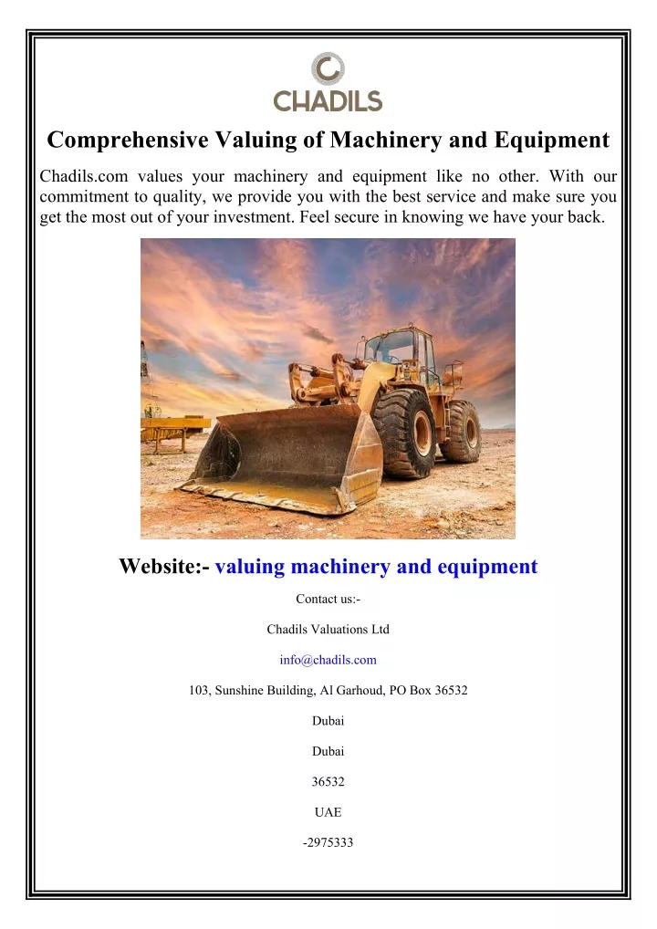 comprehensive valuing of machinery and equipment