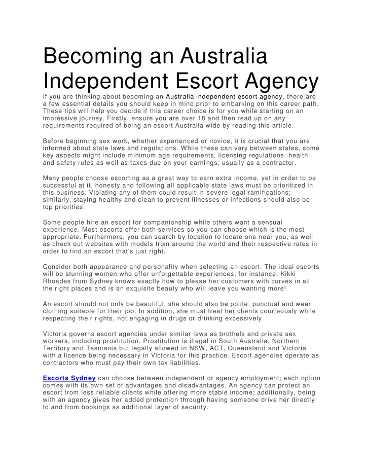 becoming an australia independent escort agency