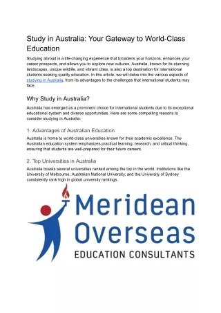 Study in Australia For Indian Students - Meridean Overseas