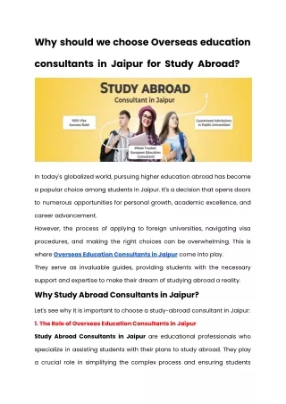 Why should we choose Overseas education consultants in Jaipur for Study Abroad