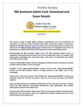 RBI Assistant Admit Card Download and Exam Details