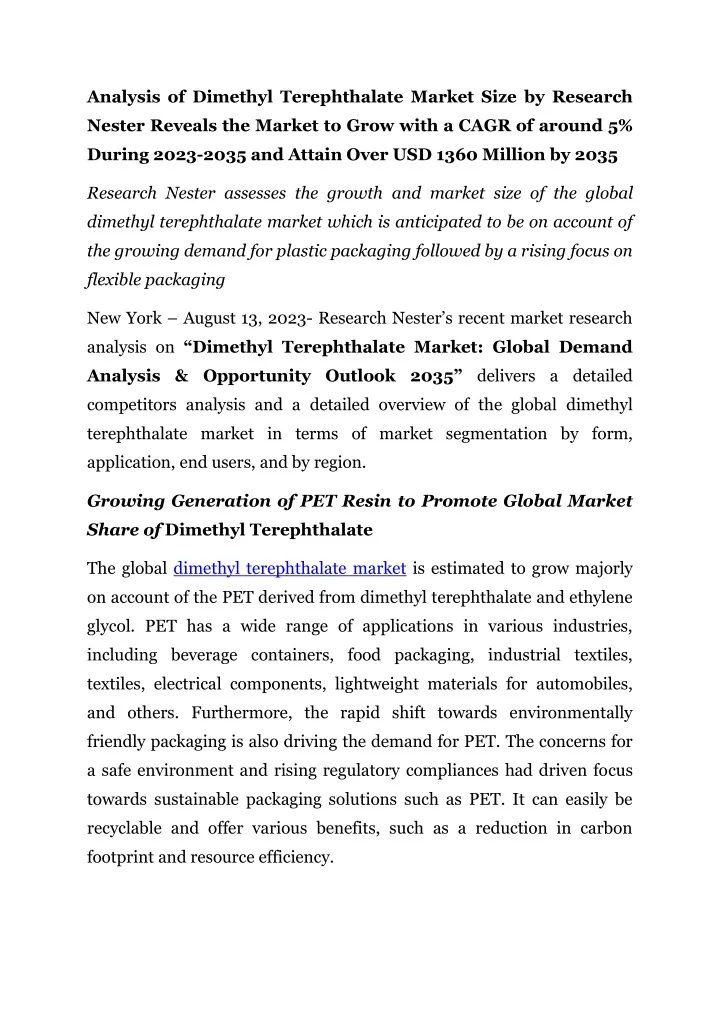 analysis of dimethyl terephthalate market size