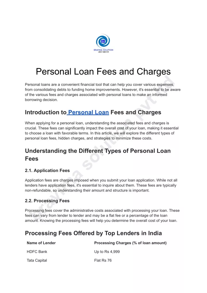 personal loan fees and charges