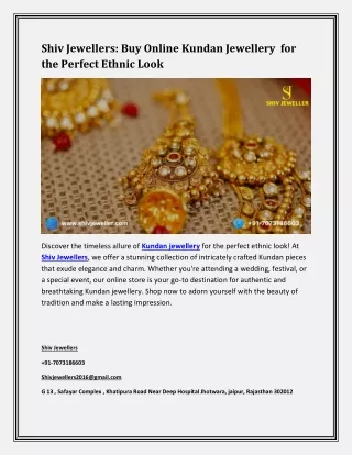Shiv Jewellers-Buy Online Kundan Jewellery  for the Perfect Ethnic Look