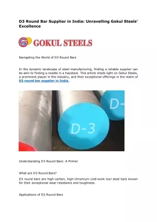 D3 Round Bar Supplier in India Unravelling Gokul Steels' Excellence