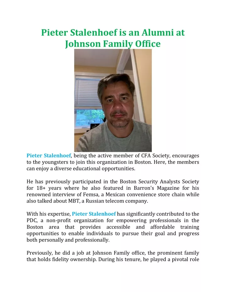 pieter stalenhoef is an alumni at johnson family