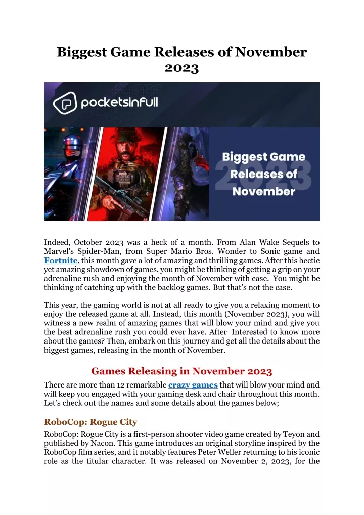 biggest game releases of november 2023