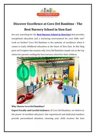 Discover Excellence at Covo Del Bambino - The Best Nursery School in Sion East