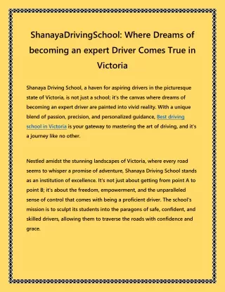 ShanayaDrivingSchool Where Dreams of becoming a expert Driver Comes True in Victoria