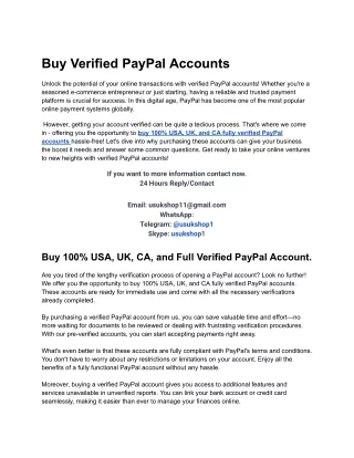 Buy 100% USA, UK, CA, and Full Verified PayPal Account.