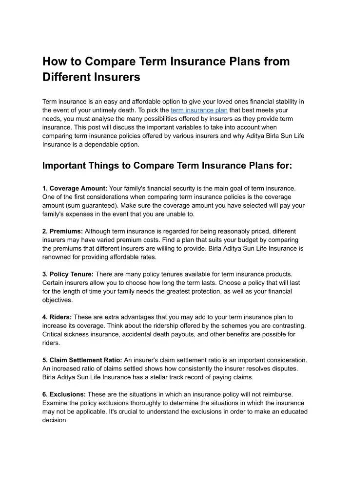 how to compare term insurance plans from