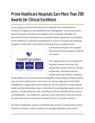 Prime Healthcare Hospitals Earn More Than 200 Awards for Clinical Excellence