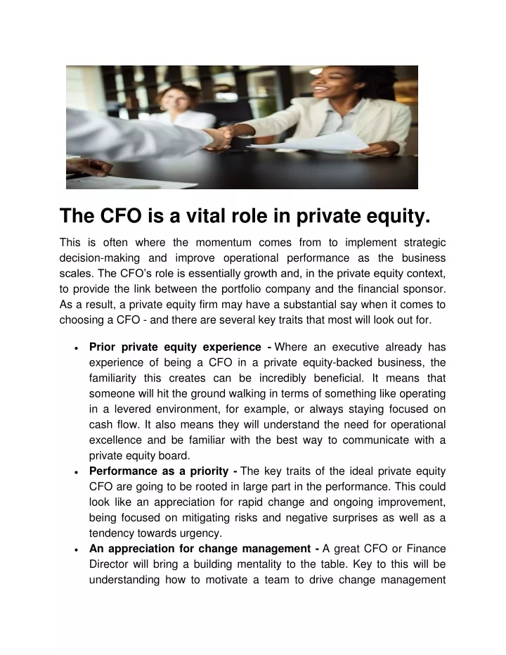 the cfo is a vital role in private equity