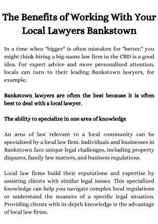 The Benefits of Working With Your Local Lawyers Bankstown