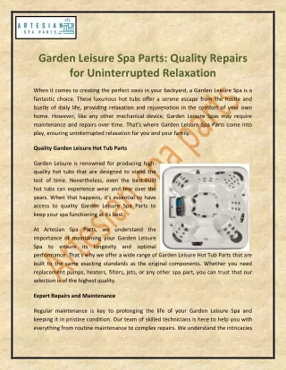 Garden Leisure Spa Parts Quality Repairs for Uninterrupted Relaxation
