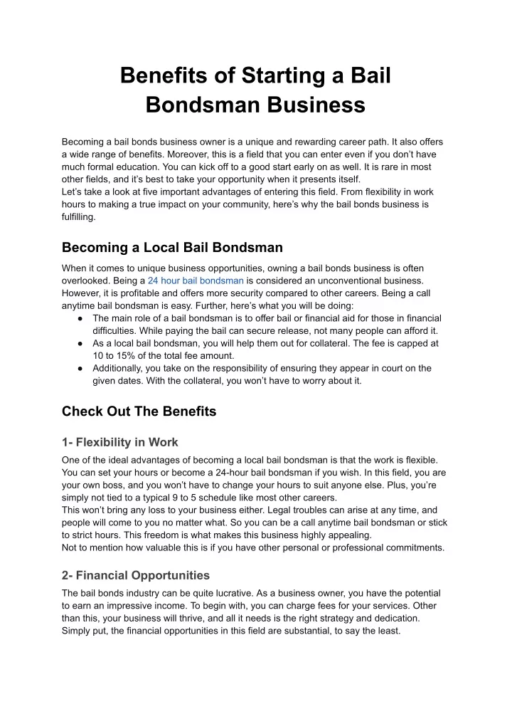 benefits of starting a bail bondsman business