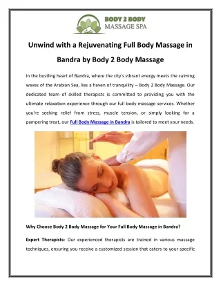 Unwind with a Rejuvenating Full Body Massage in Bandra by Body 2 Body Massage