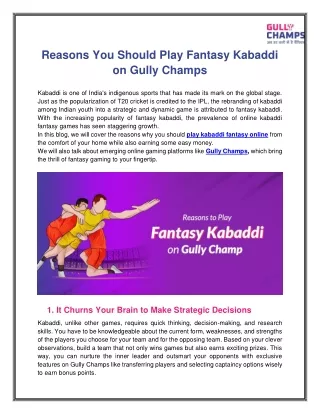 Play Fantasy Kabaddi and Win Rewards on Gully Champs