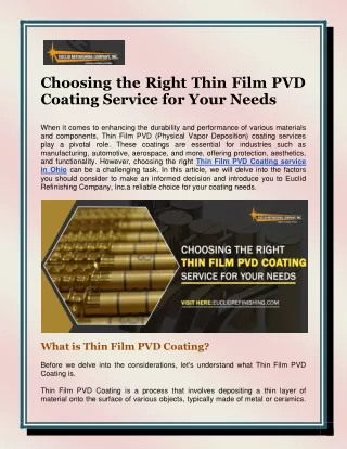Choosing the Right Thin Film PVD Coating Service for Your Needs