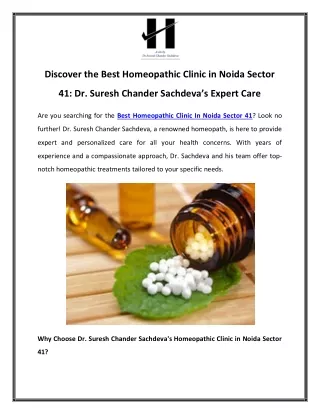 Discover the Best Homeopathic Clinic in Noida Sector 41 Dr. Suresh Chander Sachdeva’s Expert Care
