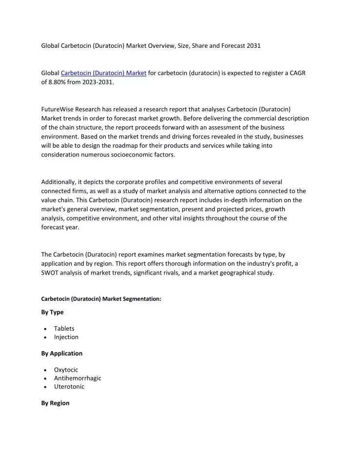 global carbetocin duratocin market overview size
