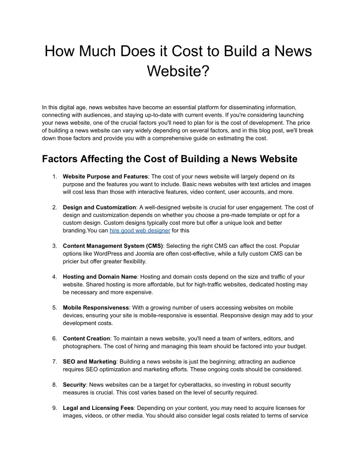 how much does it cost to build a news website