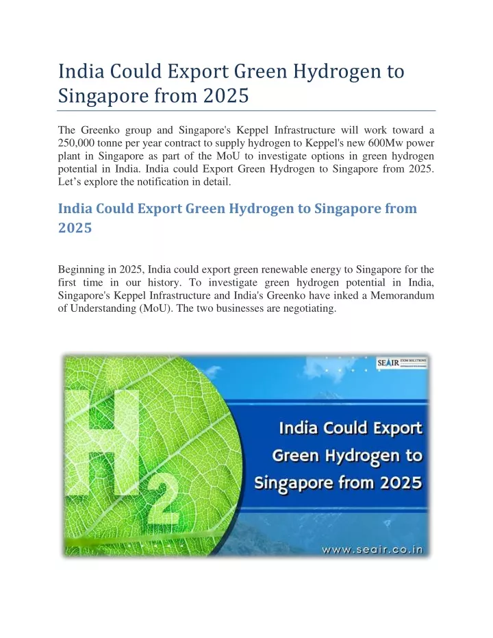 india could export green hydrogen to singapore
