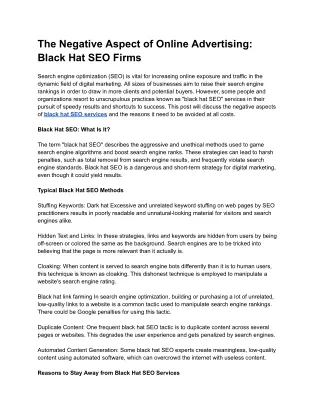 The Negative Aspect of Online Advertising Black Hat SEO Firms