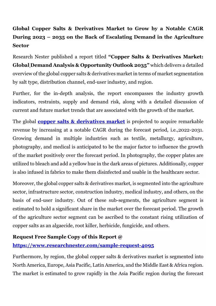 global copper salts derivatives market to grow