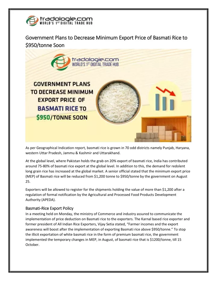 government plans to decrease minimum export price