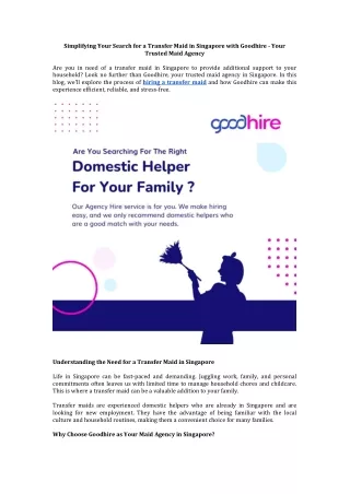 Simplifying Your Search for a Transfer Maid in Singapore with Goodhire